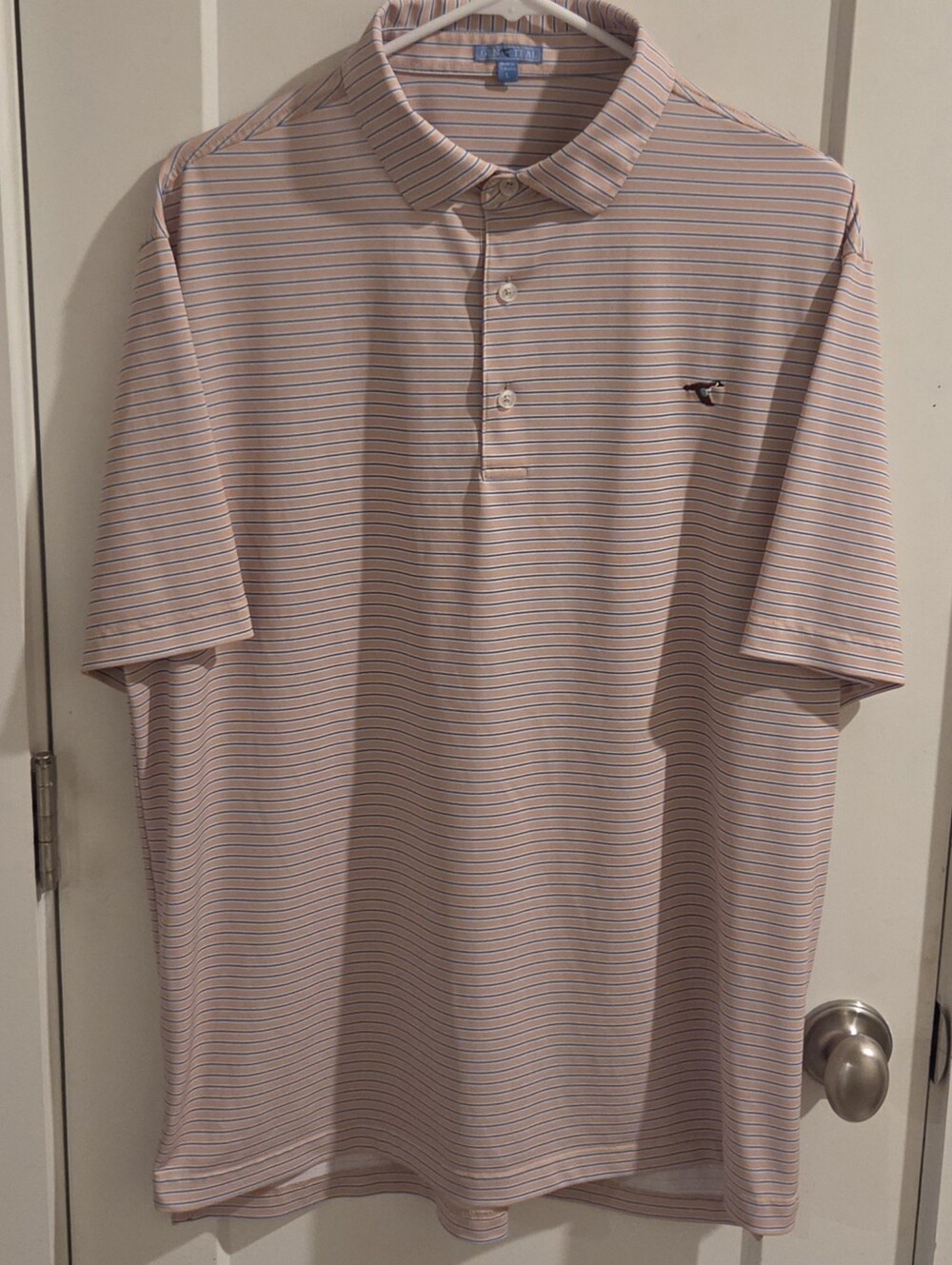 GenTeal Performance Polo Shirt - Peach & Blue Striped - Size Large